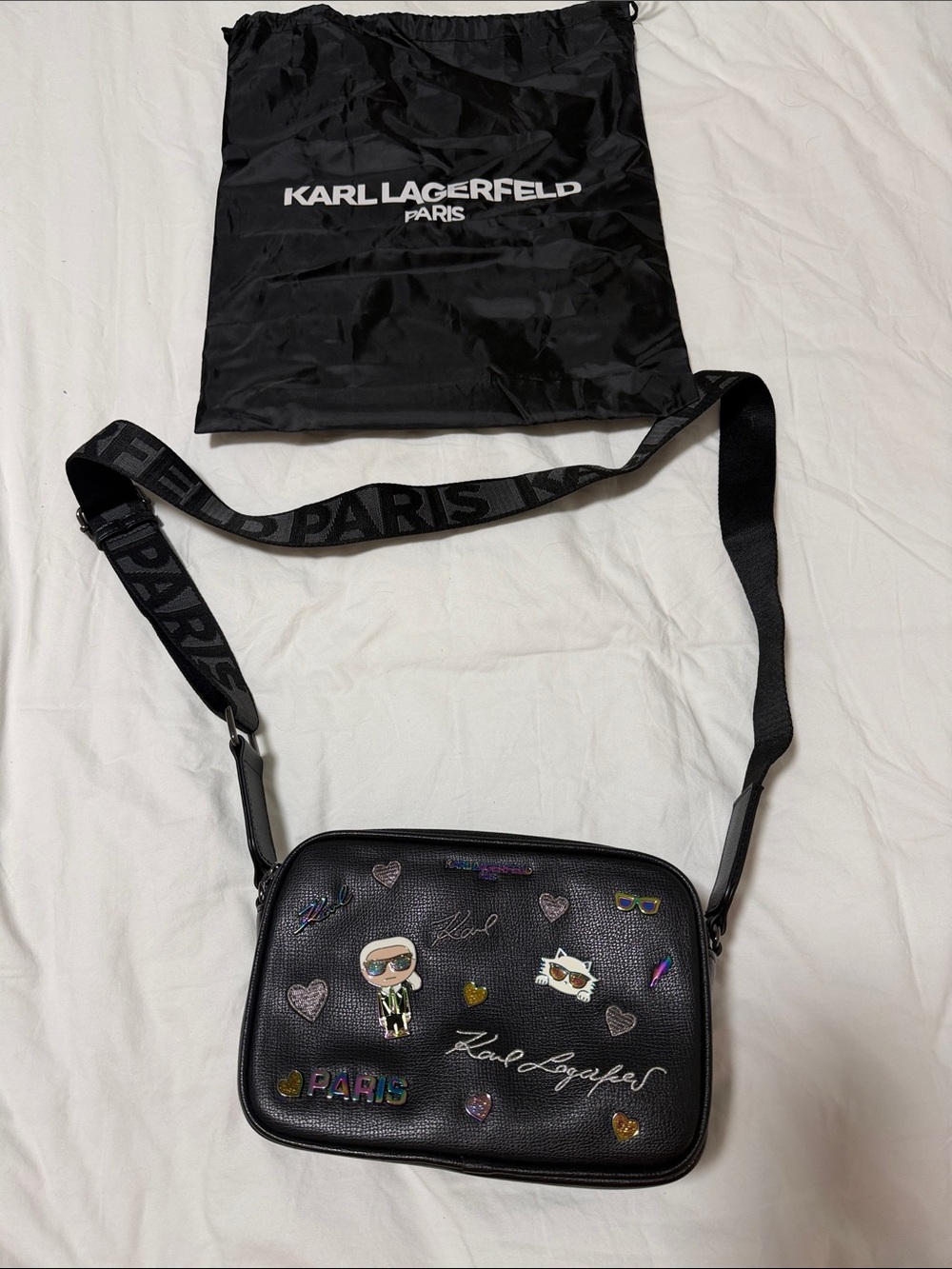 Karl Lagerfeld Black Crossbody Bag with Logo Strap and Decorative Patches